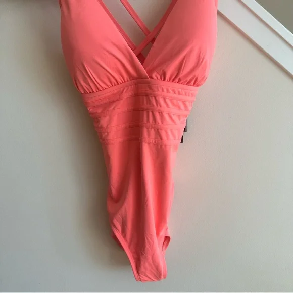NWT La Blanca Island Goddess Criss Cross Back Strap One Piece Swim Orange Sz 14